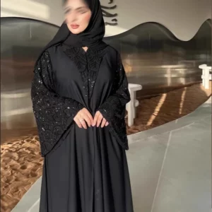 Abaya Noire Luxe Dubaï Aid Al Fitr 2026 – Abaya Ouverte Perles + Turban & Hijab | Tenue Féminine Islamique Élégante
