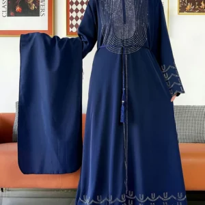 Robe Abaya Diamant Dubaï 2026 – Tenue Femme Voilée Élégante | Manches Longues, Mousseline & Hijab Inclus