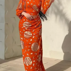 Caftan de Soirée Orange et Or - Robe Dubaï Chic pour Paris, Marseille, Maroc, Algérie, Tunisie et Canada