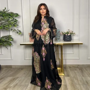 Djellaba Tunisienne Femme Bleu Nuit Ramadan ; Eid – Caftan Marocain Livraison Canada & Monde