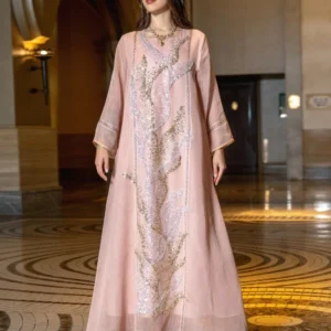 Kaftan Organza Rose Poudré Paris 2026- Robe de Soirée Scintillante pour France, Dubaï, Maroc, Belgique et Canada