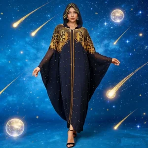 Djellaba Papillon Bleu Nuit Paris - Caftan à Capuche de Luxe pour France, Dubaï, Maroc, Algérie, Canada et Belgique