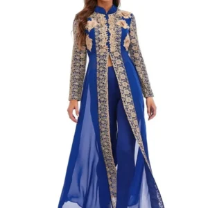 Ensemble Caftan Pantalon Bleu Roi Paris - Tenue de Soirée 3 Pièces pour France, Dubaï, Maroc, Belgique et Canada