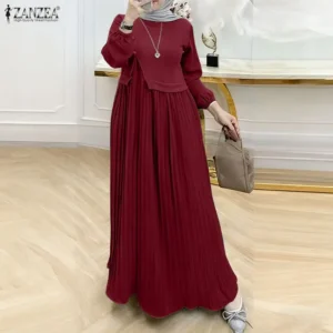 Abaya Plissée à Coupe Asymétrique et Manches Bouffantes