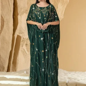 Caftan Marocain Femme  Vert Émeraude Brodé  Luxe